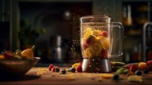 A blender filled with a colorful mix of fresh fruits and vegetables and other useful kitchen accessories aside