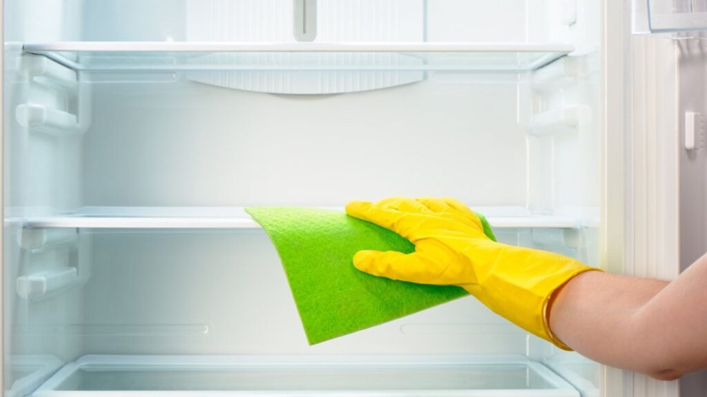 A woman cleaning defrosted freezer interior showcasing best ways to defrost your freezer