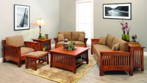 A set of wooden living room furniture with plants